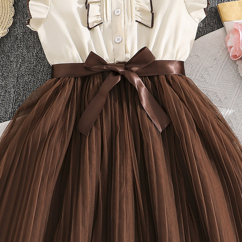 Children's wear new style short-sleeved waist stitching mesh dress with woven belt 2026 spring and summer girls 'princess dress
