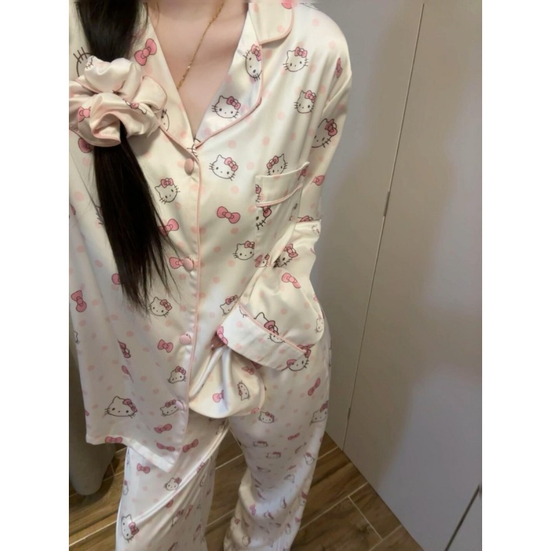 韩版甜美卡通凯蒂猫缎面冰丝睡衣女春秋款2025新款裸感家居服套装|undefined