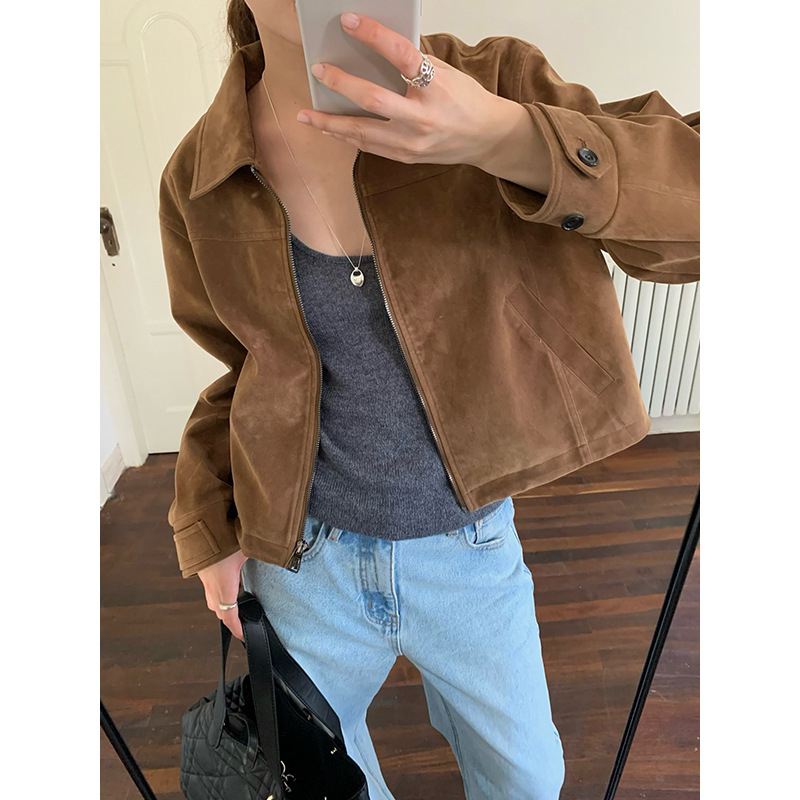 Yuanpai Bluepops2025 New Autumn Retro Suede Jacket Motorcycle Lapel Short Jacket W1195