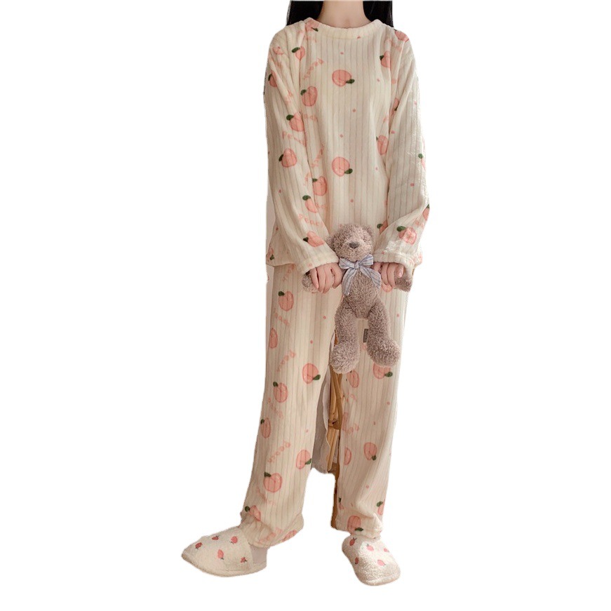 Oso melocotón bowknot impreso coral polar media luna caliente traje de invierno cómodo cálido pijamas desgaste del hogar para las mujeres