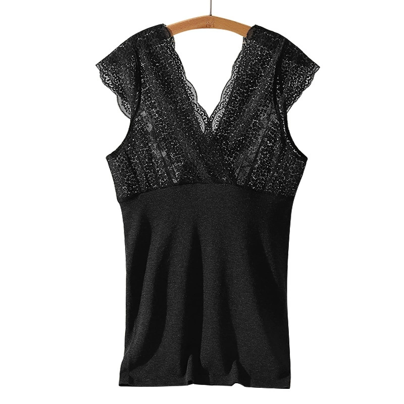 Летний топ-танк из Lace с кружевом, термобелье, облегающий крой, V-образный вырез, с коротким рукавом
