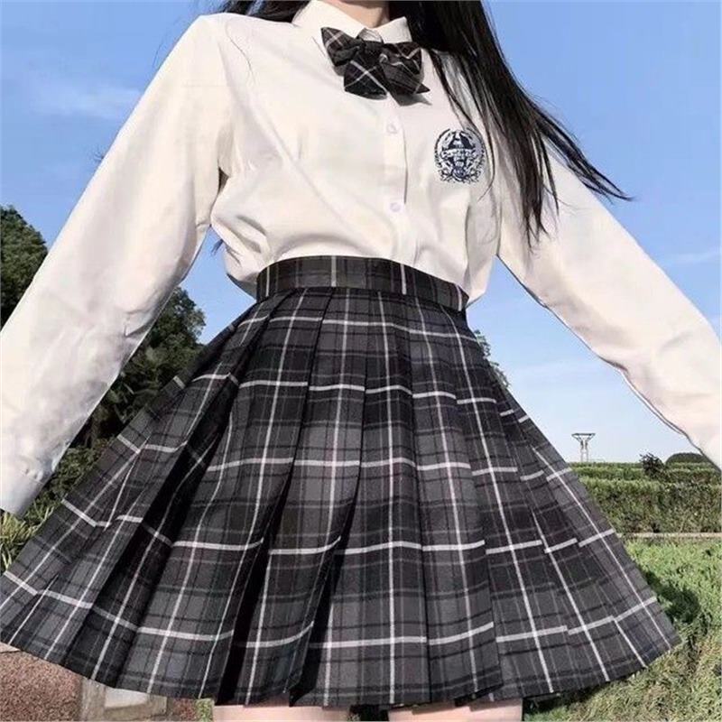 Bad Ash Jk Uniform Skirt Authentic Middle School Full Set Spring College Style Long Sleeve Shirt Plaid Skirt Dark Style