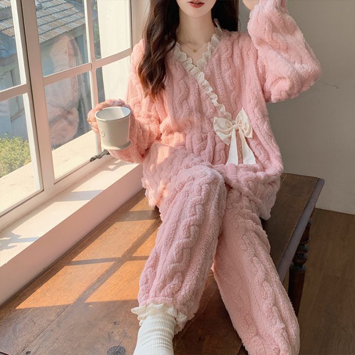 Al por mayor transfronterizo nuevo pijama de terciopelo de coral mujer otoño invierno engrosado terciopelo cortador de flores princesa viento alto valor de ropa de hogar cubierta