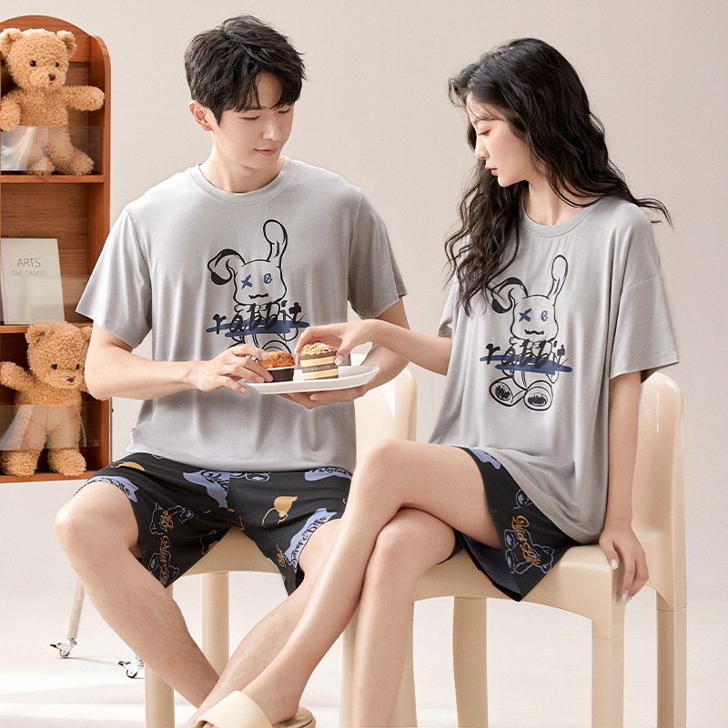 Con almohadilla para el pecho 2024 pijamas de verano pareja modal manga corta conjunto de dos piezas primavera y verano color sólido hombres homewear suave