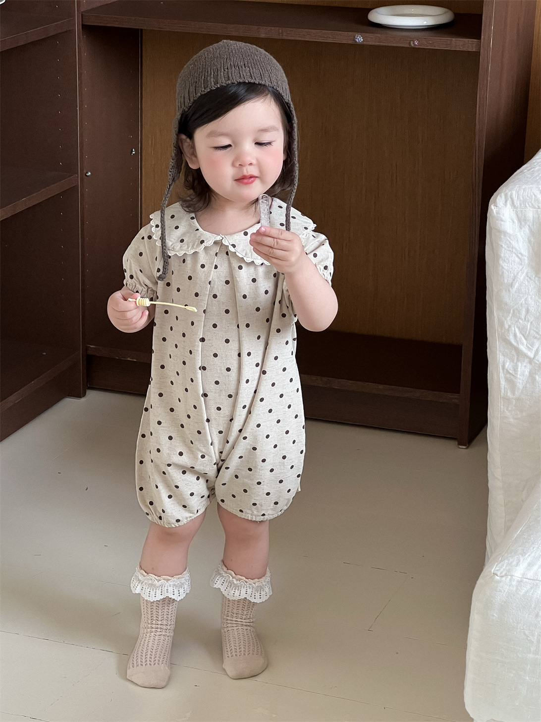 Mameluco de verano para bebé, estilo coreano, ropa infantil, mono de lunares para bebé, mameluco de verano de manga corta, conjunto de verano