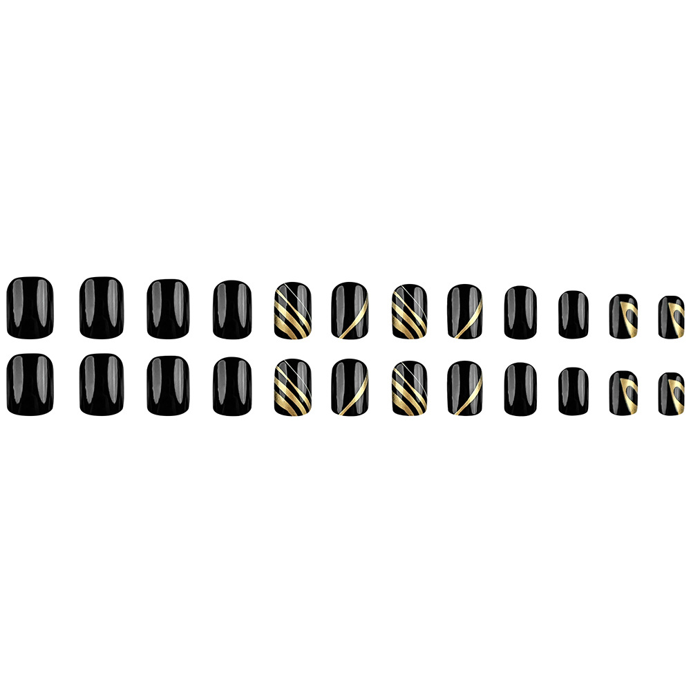Ventas transfronterizas de líneas de oro negro manicuras retro estilo de alto rendimiento desgaste de uñas cortas 24 piezas empaquetadas parches de uñas terminados