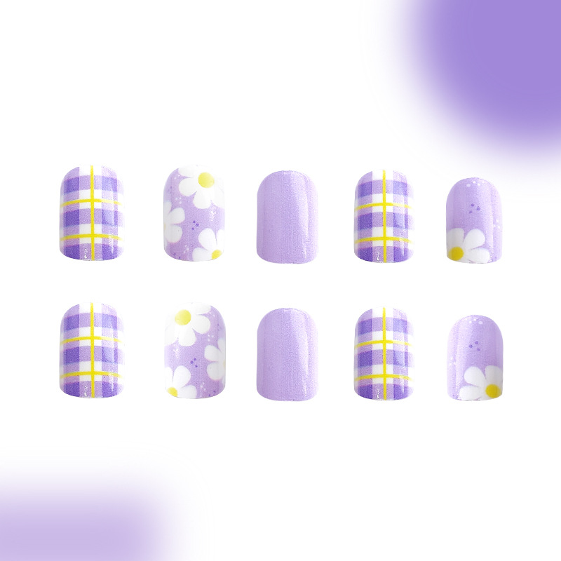 Short glossy square nail early spring plaid purple flowers summer fresh sweet ins wear nail detachable 24 pieces_voghion.com