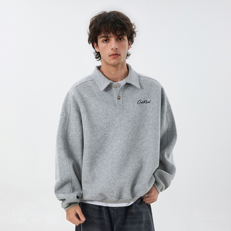 Textured Silhouette Lapel Sweatshirt Men's Autum New Retro Loose Long-Sleeved Polo Pullover Collar Button Jacket