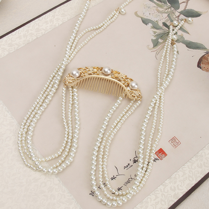 原创汉服头饰百搭珍珠发梳古装盘发插梳女春季长流苏古风配饰加长