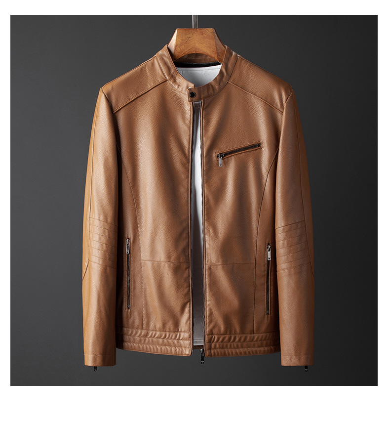 Men's standing collar Korean version slim fit handsome autumn and winter plus velvet motorcycle leather men's jacket_voghion.com