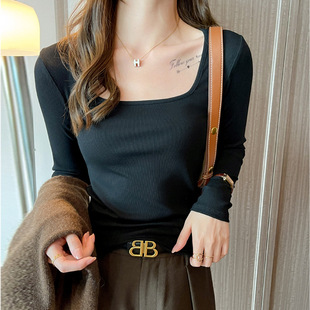 Modal Threaded Square Collar Autumn and Winter Inner Base Shirt Women's New Arrival Outer-Wearing Long-Sleeved Slim-Fit High-Grade T-Shirt