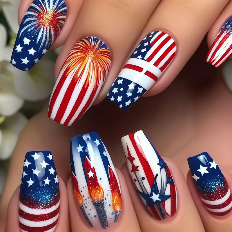 Cross-Border Best-Selling Independence Day Style American Flag Fireworks Design, Beautiful and Elegant Wearable Nail Tips, Nail Stickers