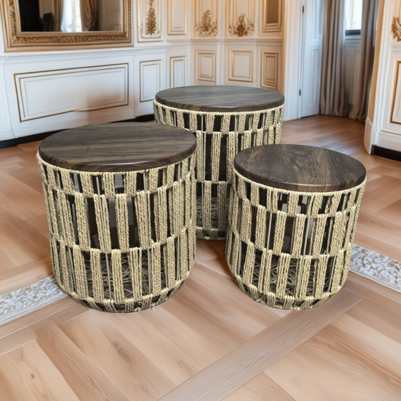 Comercio exterior transfronterizo de madera hecha a mano mesa de tela de caña sala de estar mesa de té balcón mesa de té mesa de tela de paja fábrica mesa al por mayor