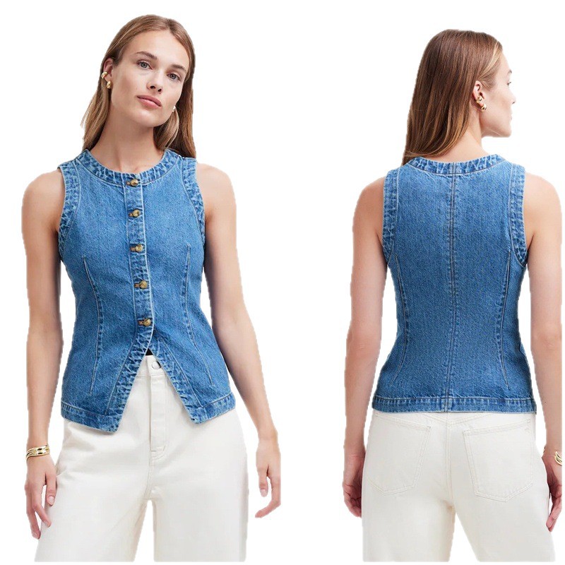 2025 Summer New European and American Cross-Border Foreign Trade Cardigan Slimming Denim Vest Women's Round Neck Waistcoat Vest