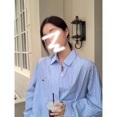 满江月2025早春秋装新款韩版气质通勤蓝色条纹衬衣开衫女别致上衣