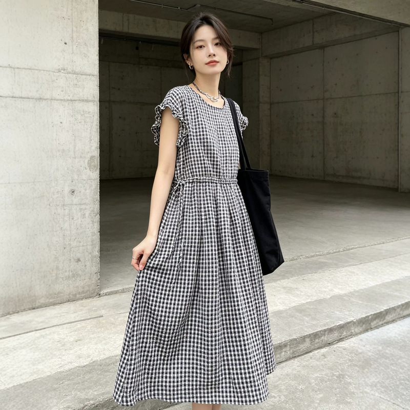 New Summer Maternity Wear, Artistic and Fresh Style, Maternity Dress with Lace Sleeves and Plaid Skirt, Korean Style Cotton Comfortable Maternity Dress