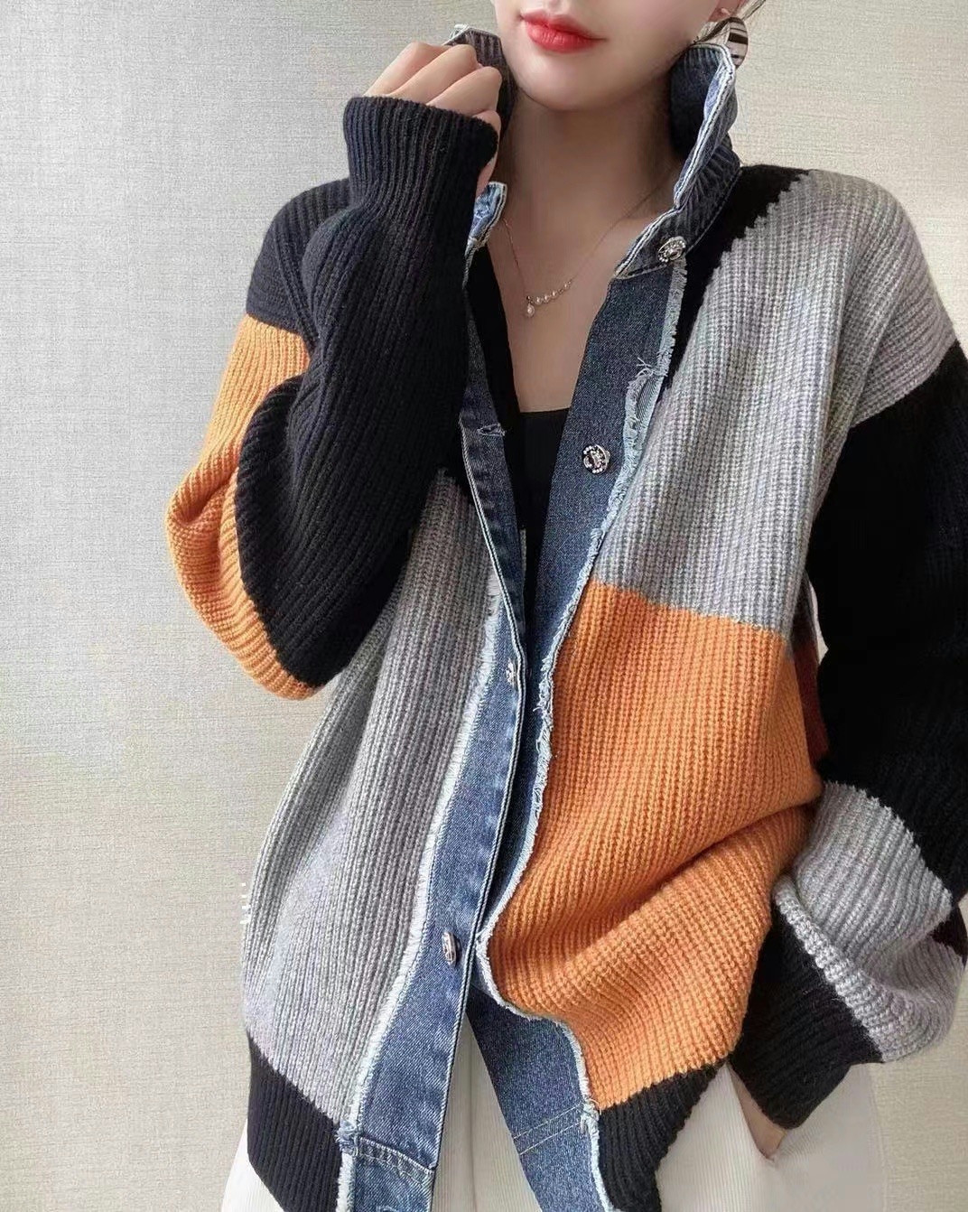 Women's Clothing 2023 autumn new version long sleeved lapel color matching two piece cardigan women's jacket denim_voghion.com