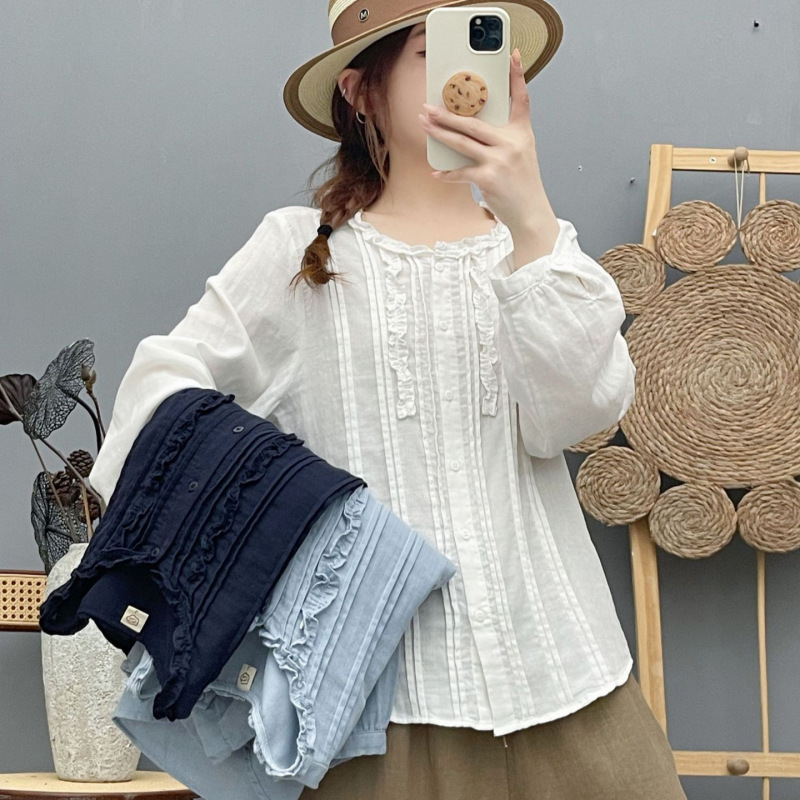 2026 Autumn New Style Lace Collar Pleated Long Sleeve Cotton Shirt for Women, Youthful Versatile Blouse 2026 Autumn New Style Lace Collar Pleated Long Sleeve Cotton Shirt for Women, Youthful Versatile Blouse