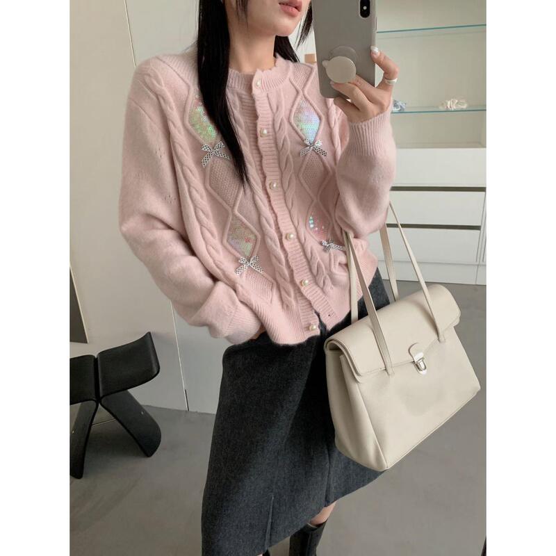 New Fall/Winter 2026 Sequin Bow Sweater Coat, Sweet Loose Korean Style Gentle Knit Cardigan for Women
