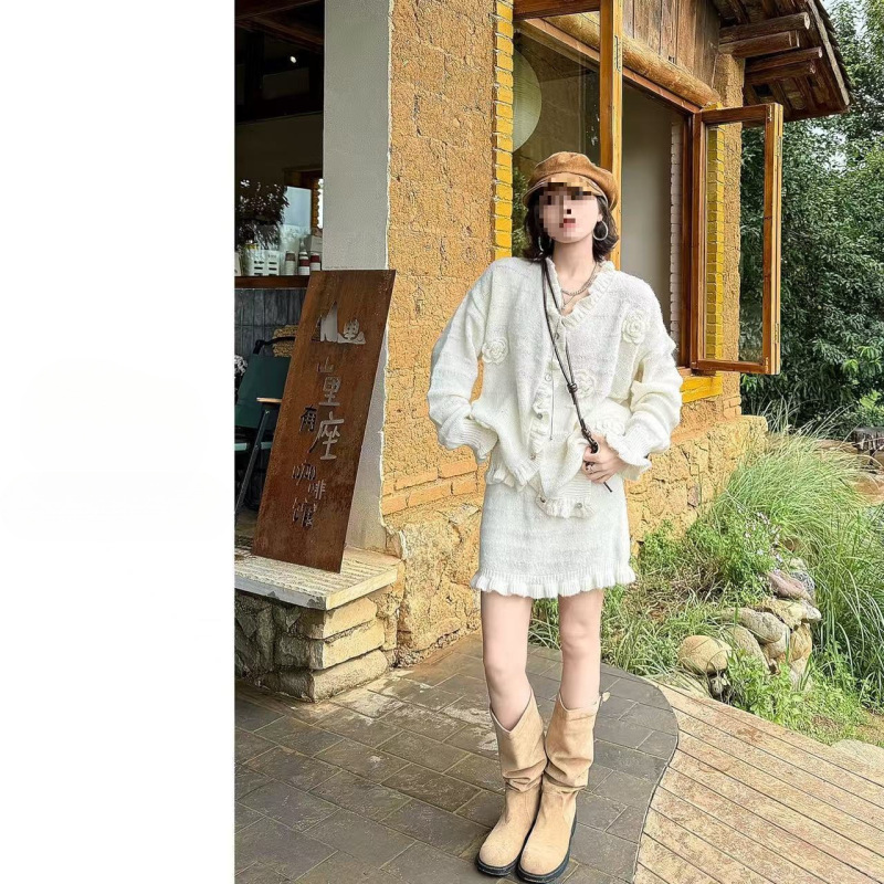 千金风小洋装套装2025早秋新款气质立体花朵灰色针织衫短裙女装|undefined