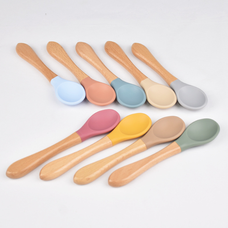 Feeding Training Utensils Baby Feeding Spoon Children's Silicone Wooden Handle Soft Tip Spoon Baby Spoon Feeding