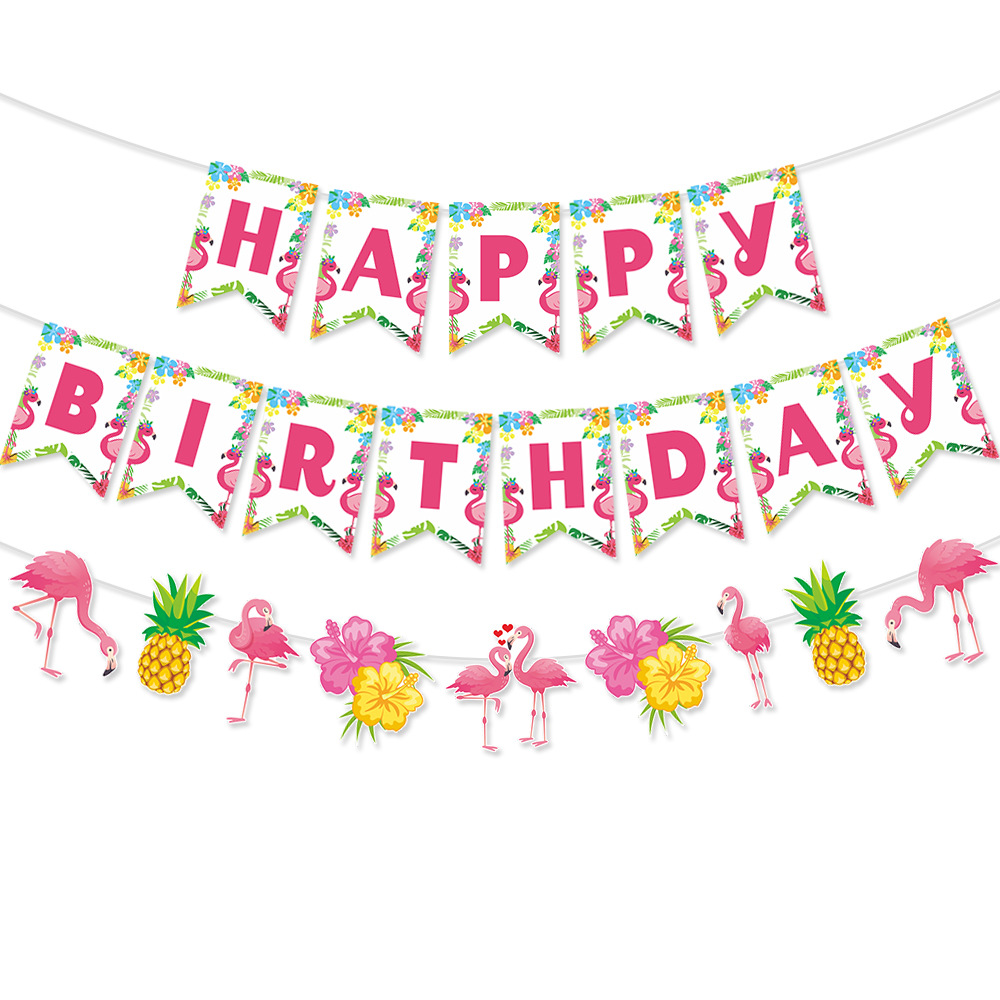 Fábrica al por mayor decoración del partido Hawaiano flamenco piña tirar bandera Feliz cumpleaños tirar flor tirar bandera