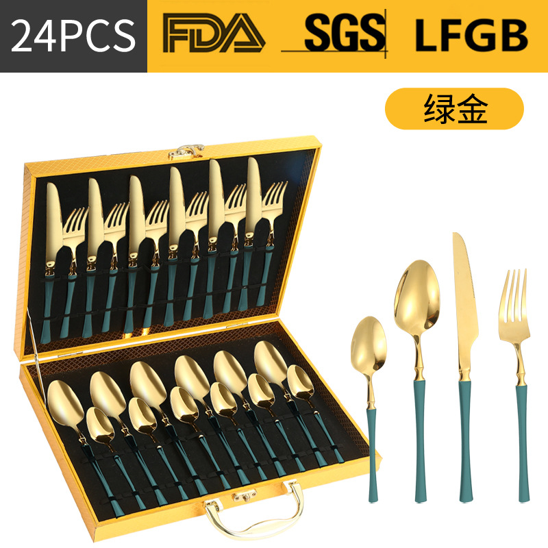 Amazon transfronteriza suministro de vajilla de acero inoxidable 24 piezas traje de cintura pequeña 4 piezas caja de regalo cuchillo, tenedor y cuchara traje