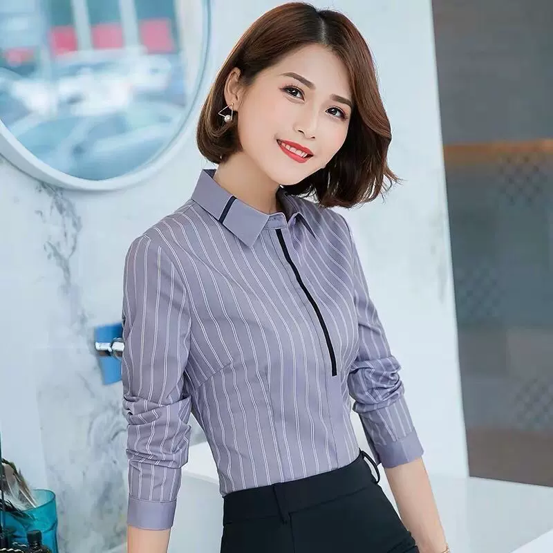 衬衫女长袖新款春夏秋季蓝白条纹修身显瘦职业装工作服大码打底衫