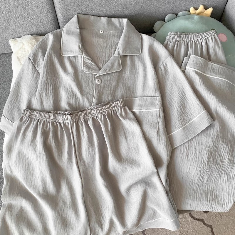 Pijamas de hilo de algodón de nube fina de verano para hombres de manga corta de gran tamaño verano adolescente simple traje de tres piezas servicio a domicilio