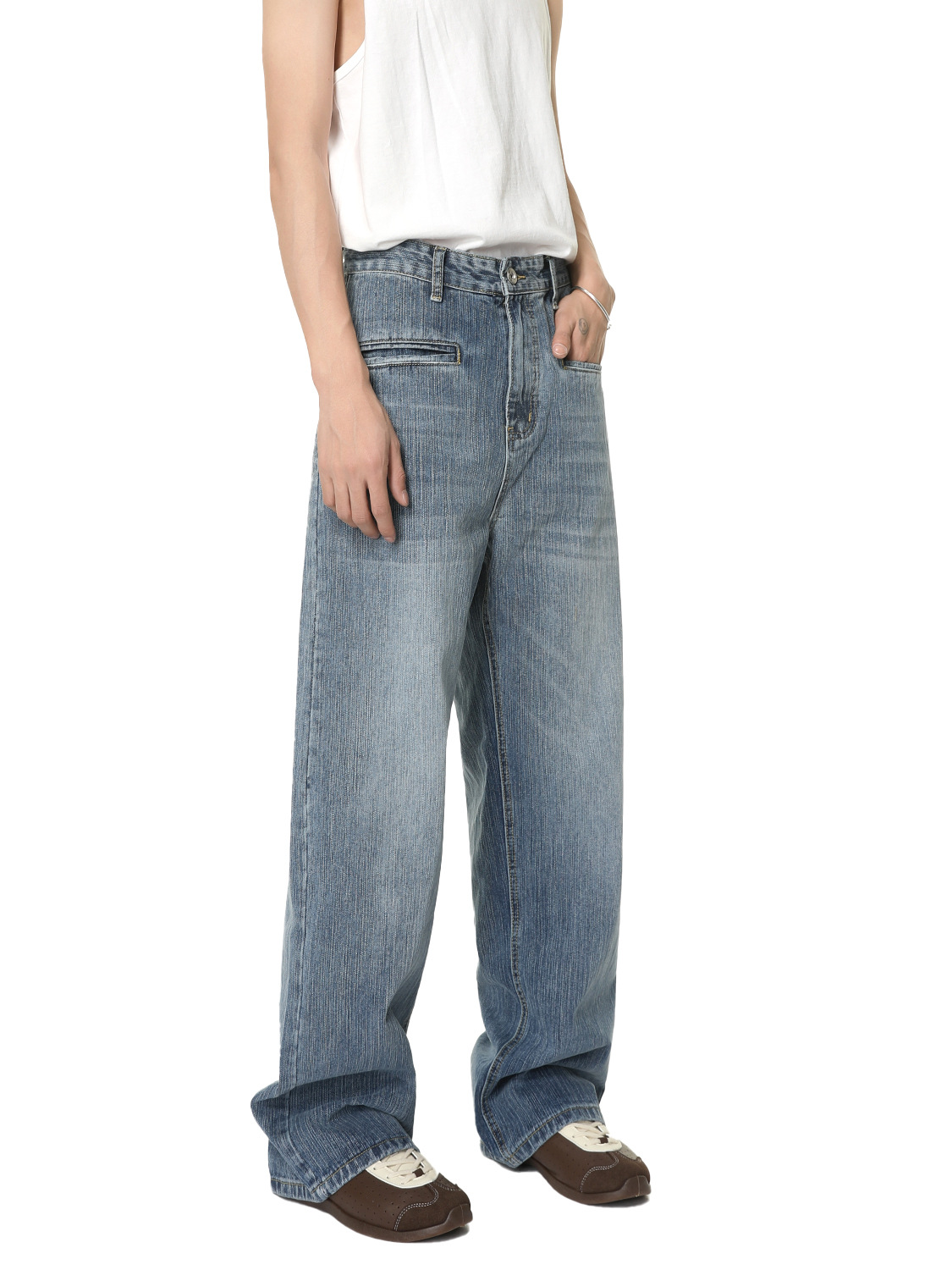 MTLCLOTHES Hombres| Diseño de personalidad coreano anti-bolsillo de moda blanco lavado jeans de estilo recto