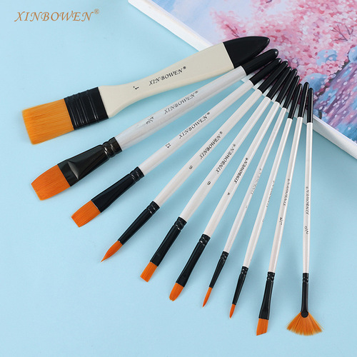 Cross-border white pole ten-piece set with mixed head nylon hair brush portable canvas bag student acrylic pen oil paint brush wholesale