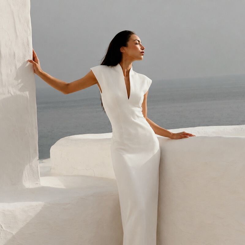 Sleeveless, Deep V-Neck, Shoulder-Baring Design, Stand Collar, French-Style Solid Color Dress, Elegant and Stylish for Work