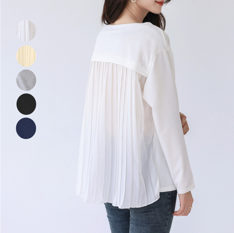 Real pictures Japanese new 2022 fashion temperament commuter crew neck long sleeve solid color pullover stitching pleated shirt