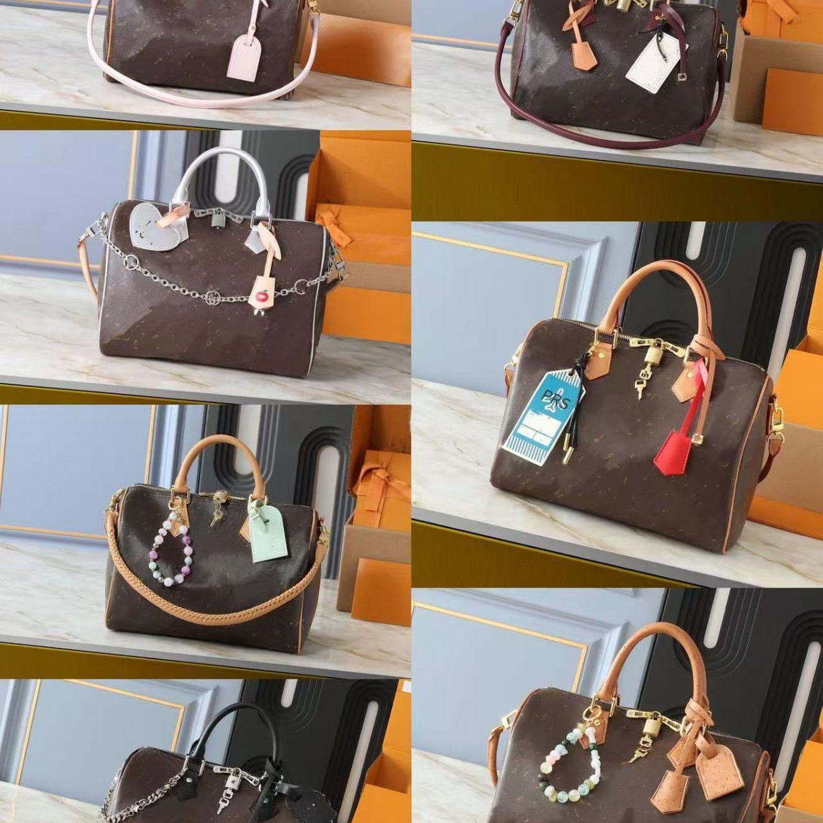 New classic speedy30 Boston bag with pendant, vintage pattern handbag, versatile shoulder and crossbody bag, large capacity