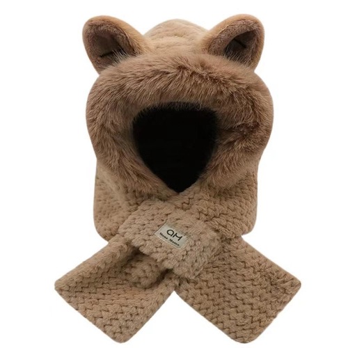 Adorable winter fox ear beanie with thick fleece integrated scarf for keeping warm in autumn and winter