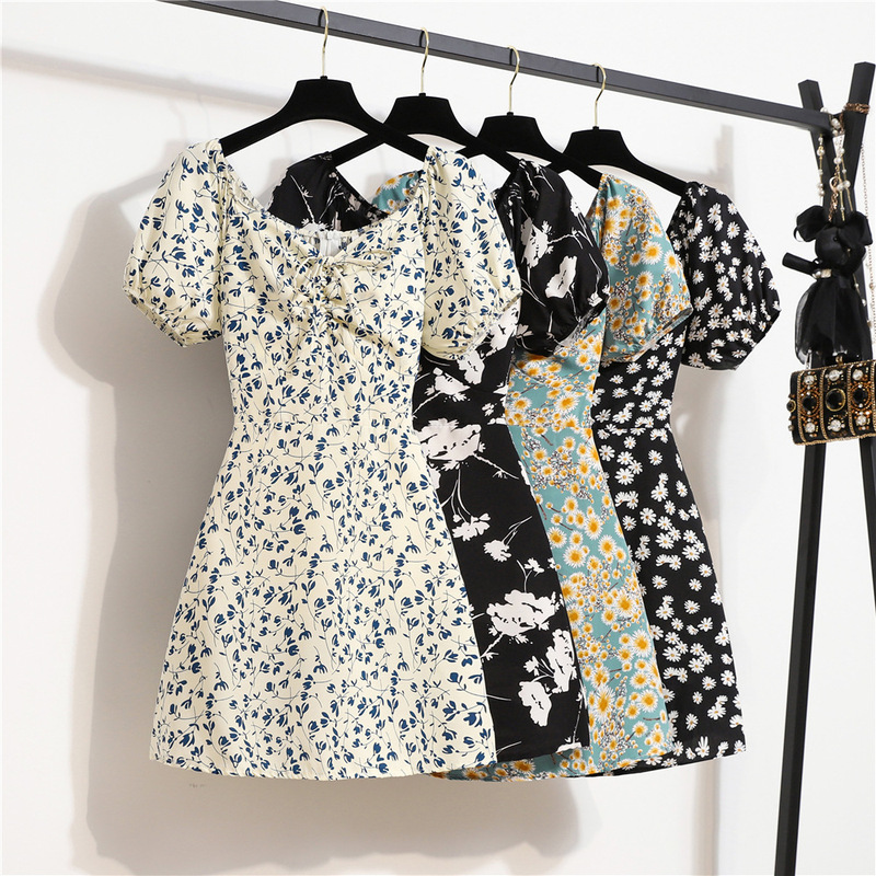 Cross-Border Foreign Trade Shopee Floral Chiffon Dress Women's Summer New Niche Versatile Lace-Up Bottoming Skirt Short Sleeves