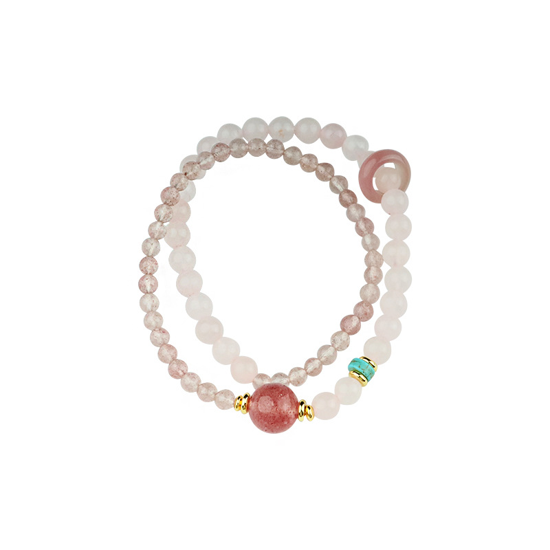 Putuoshan con flores de melocotón pulsera de cristal de fresa natural polvo de cristal de mujer transferencia de perlas nicho delicada pulsera de doble anillo