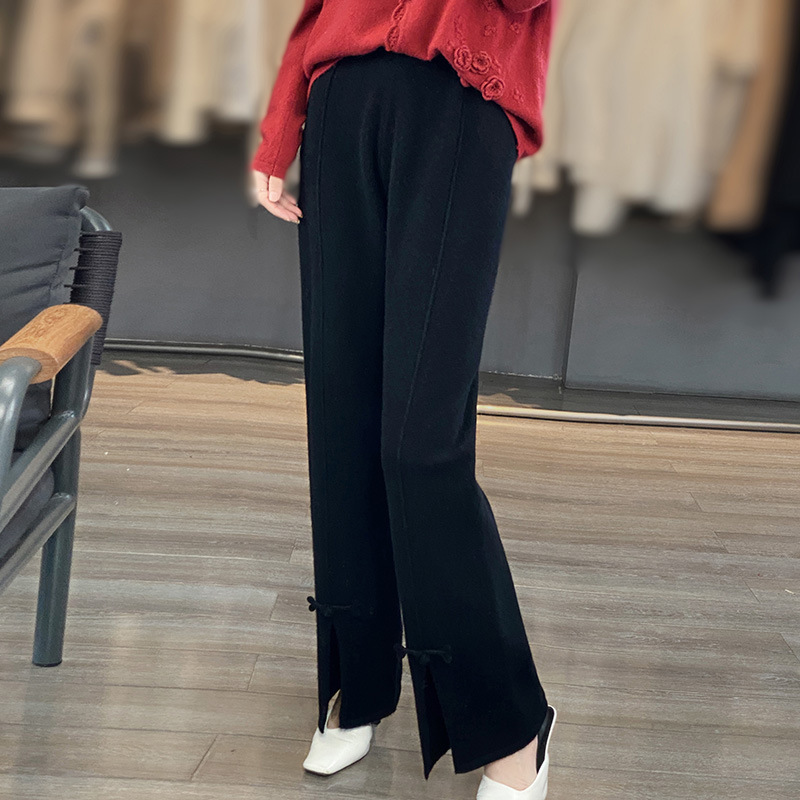 2025 Autumn and Winter All-Wool High-Waisted Center Seam Buttoned Straight Pants Loose Slimming Look Work Clothing Women's Slit Knitted Pants