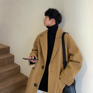 Autumn and Winter New Woolen Outwear Men's Loose Trendyy Mid-Length Windbreaker Korean Style Casual Khaki Woolen Outwear Trendyy