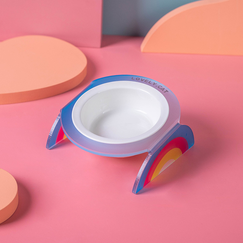Arco iris acrílico marco de cerámica tazón doble tazón único tazón para mascotas perros y gatos tazón de alimentos tazón de agua de alimentación de agua en el hogar