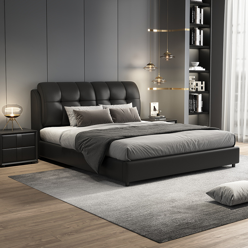 Black Leather Bed High-End Elegant Master Bedroom 1.8m Double Bed Soft Package Modern Simple 2025 New Solid Wood Bed Black Leather Bed High-End Elegant Master Bedroom 1.8m Double Bed Soft Package Modern Simple 2025 New Solid Wood Bed