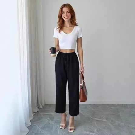 跨境亚马逊通勤垂感显瘦高腰百搭休闲裤女八分裤夏款2025新款