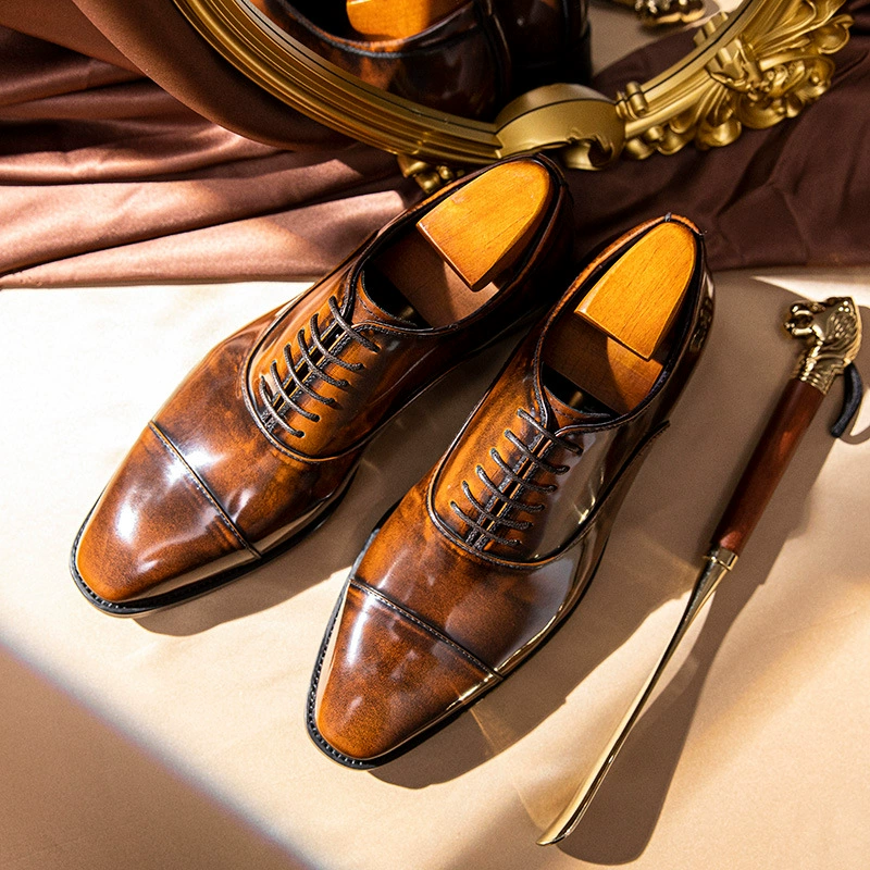 Доставка в течение 48 часов. Мужские кожаные туфли, деловая классическая обувь, мужские туфли Оксфорды из натуральной кожи, ручной работы, с тремя швами, из блестящей кожи.