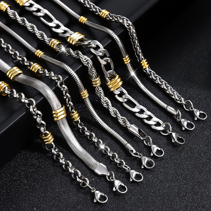 European and American Cross-Border Stainless Steel Twist Chain with Gold Beads Hip-Hop Men's Bracelet Versatile Simple Snake Bone Titanium Steel Bracelet