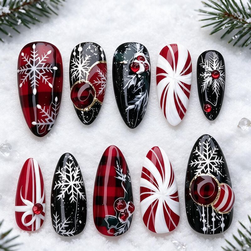 3D Embossed Christmas Press-On Nails in Vintage Red and Black Plaid with Candy Cane and Snowflake Designs, 30 Pieces Wholesale