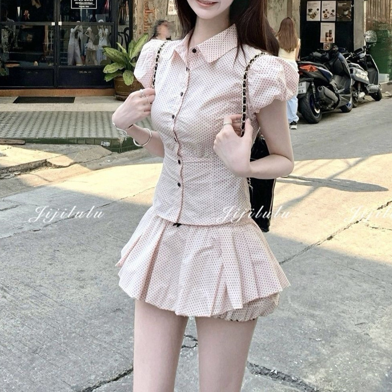 Peach Polka Dot Short Sleeve Princess Slim Fit Shirt Short Waist-Cinching Slimming Cardigan + Pleated Puffy Skirt Set Peach Polka Dot Short Sleeve Princess Slim Fit Shirt Short Waist-Cinching Slimming Cardigan + Pleated Puffy Skirt Set
