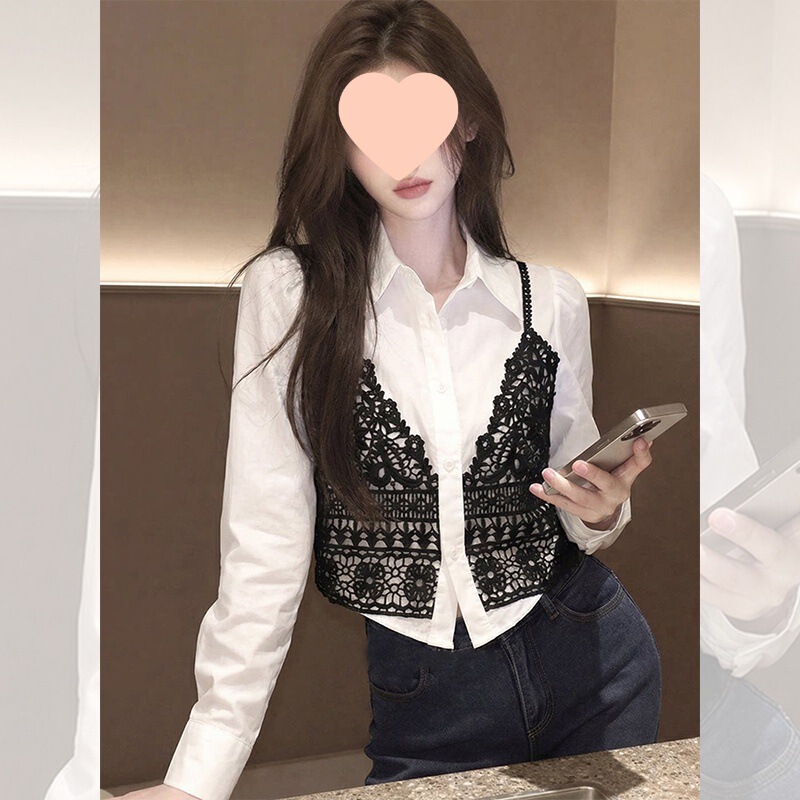 2026 Spring New Korean Style Lace Patchwork Fake Two-Piece Long Sleeve Shirt for Women, White Loose Slimming Top, High-End
