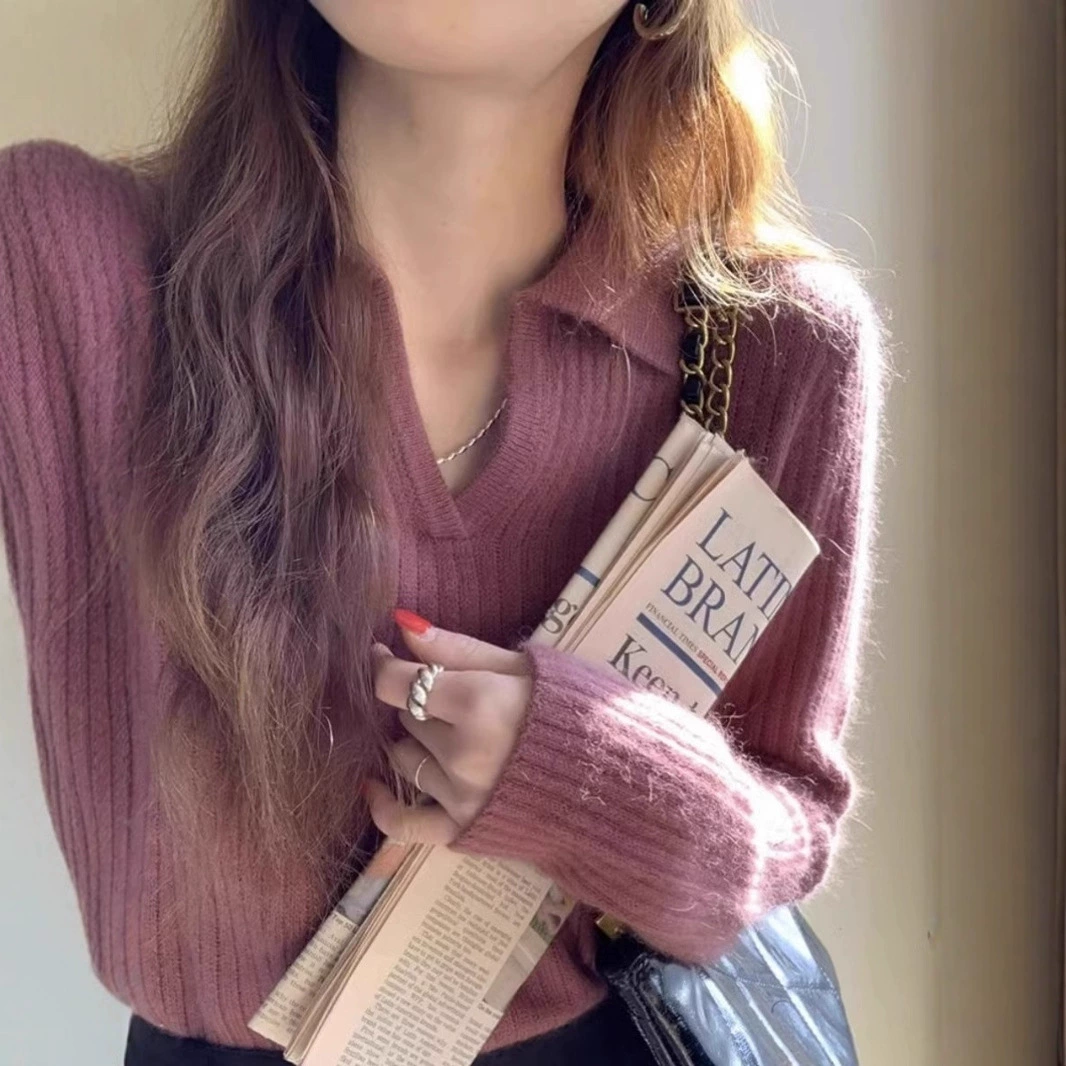 Ретро стиль поло с длинным рукавом, вязаный топ, осень 2025, женский новый японский стиль, ленивый стиль, мягкий вощеный трикотаж