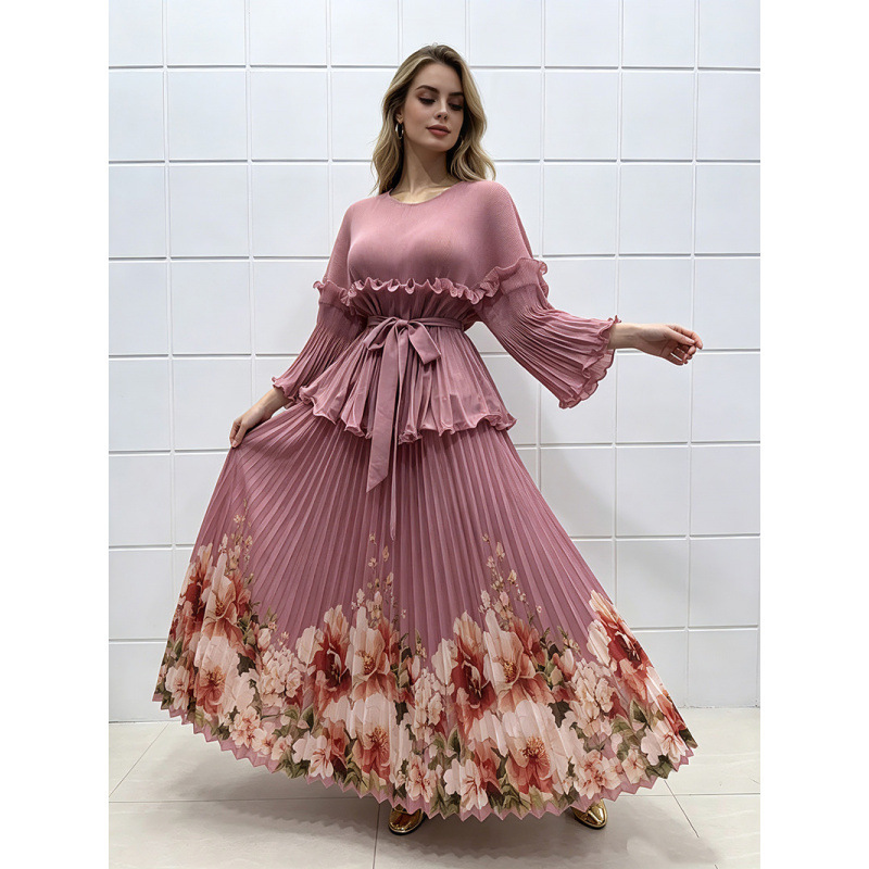Foreign Trade Ruffled High-Waisted Flared Sleeve Pleated Dress with Printed Pleated Skirt, Waist-Cinching, Slimming, Loose Fit Foreign Trade Ruffled High-Waisted Flared Sleeve Pleated Dress with Printed Pleated Skirt, Waist-Cinching, Slimming, Loose Fit