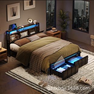 Full Bed Frame with Hidden Storage Iron Frame Bed Pu Leather Platform Bed with 2 Drawers Shelf Simple Bed